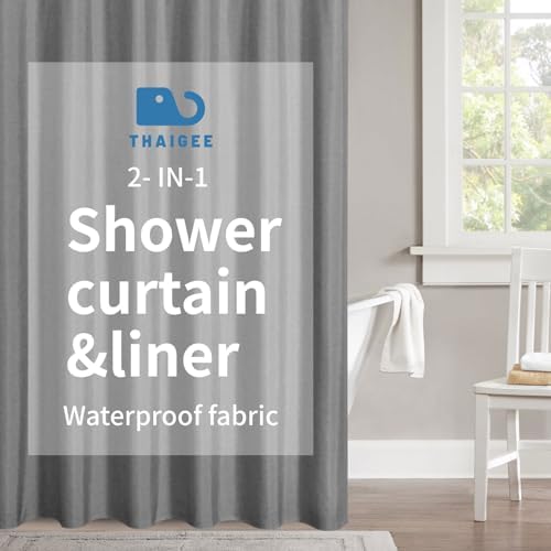 2-in-1 Waterproof Shower Curtain Set with 12 Hooks 72x72 Grey