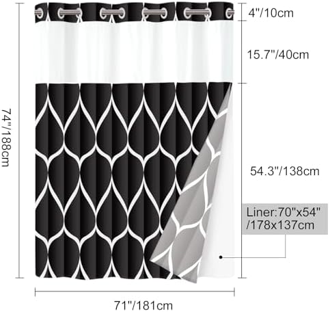 Yiatn No Hook Black Shower Curtain Set - Hotel Style with Mesh Window