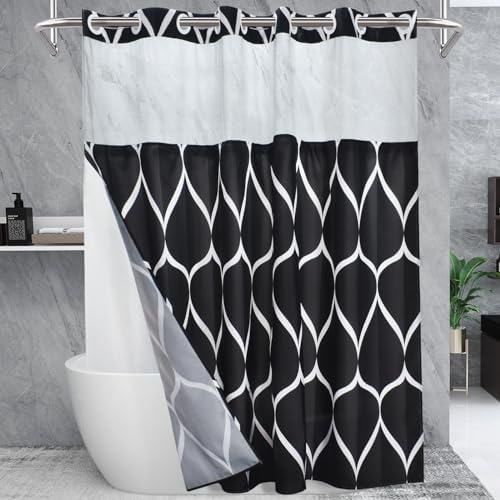 Yiatn No Hook Black Shower Curtain Set - Hotel Style with Mesh Window