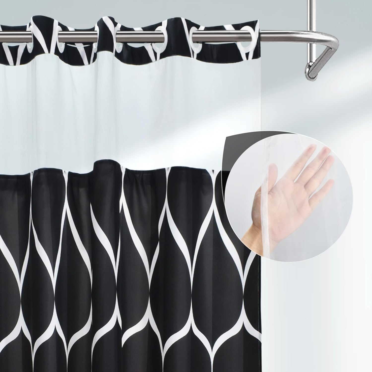 Yiatn No Hook Black Shower Curtain Set - Hotel Style with Mesh Window