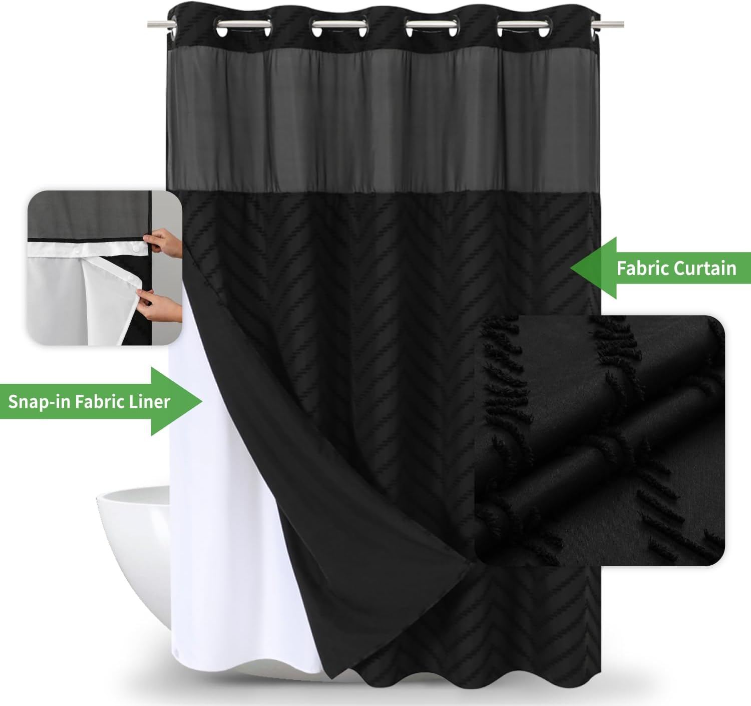 Black Tufted Chevron Shower Curtain Set with Snap-in Liner