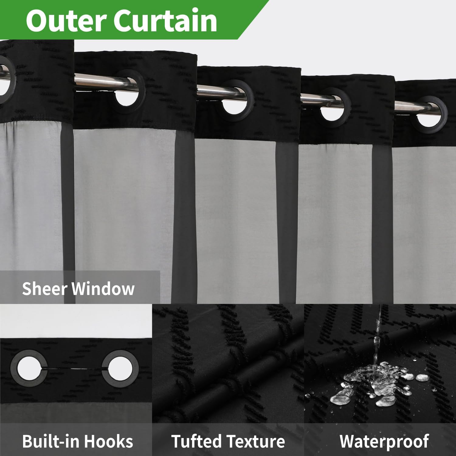 Black Tufted Chevron Shower Curtain Set with Snap-in Liner