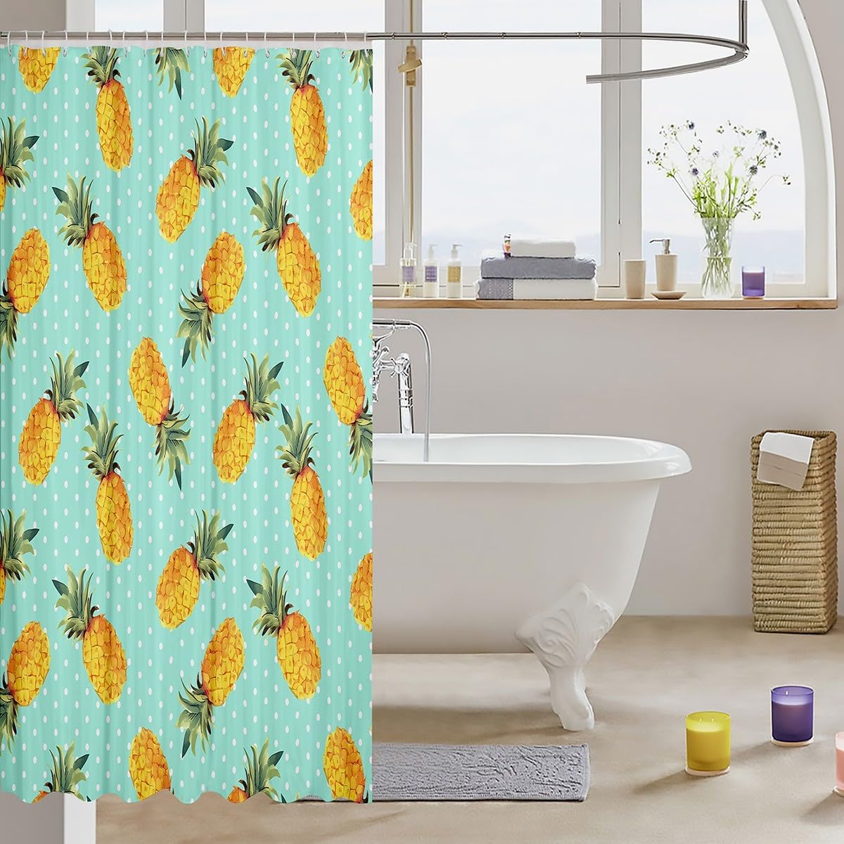 Feelyou Pineapple Pattern Shower Curtain with 12 Hooks 72x72 Inches