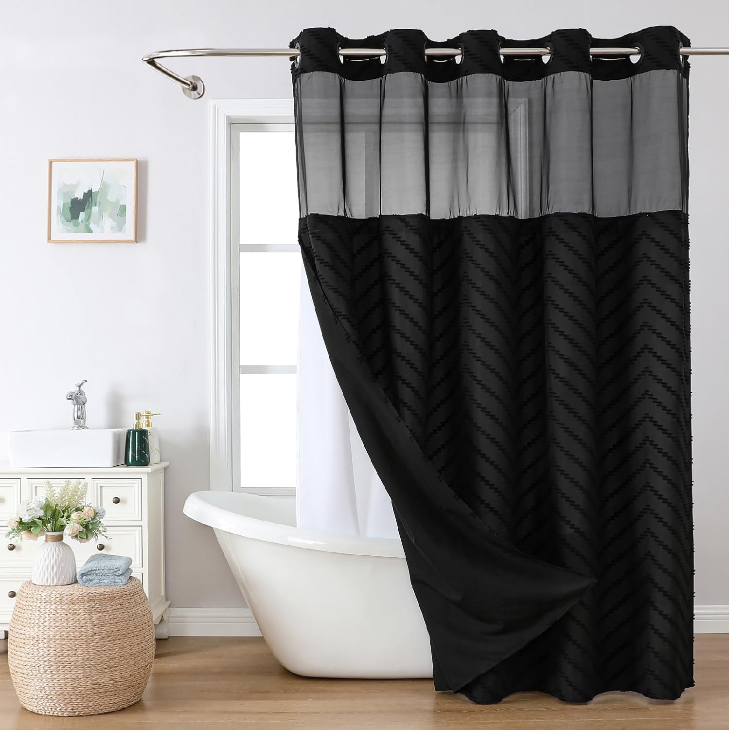Black Tufted Chevron Shower Curtain Set with Snap-in Liner