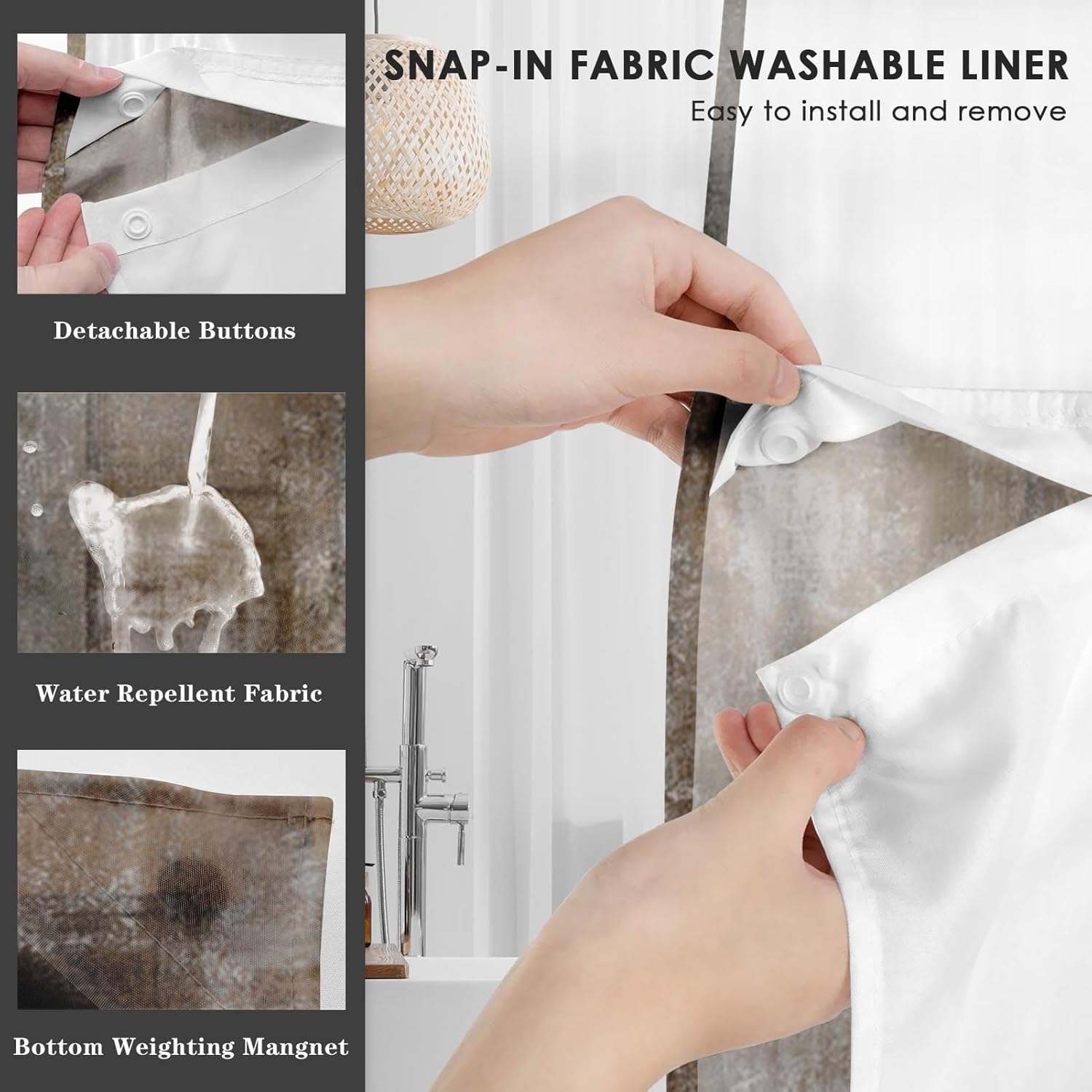 Nesphy No Hook Shower Curtain Set with Clear Top Window