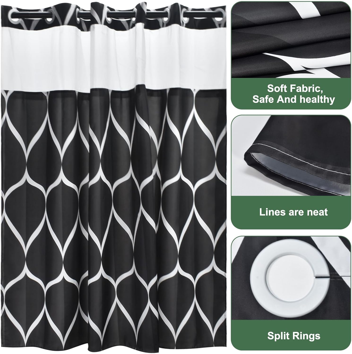 Yiatn No Hook Black Shower Curtain Set - Hotel Style with Mesh Window