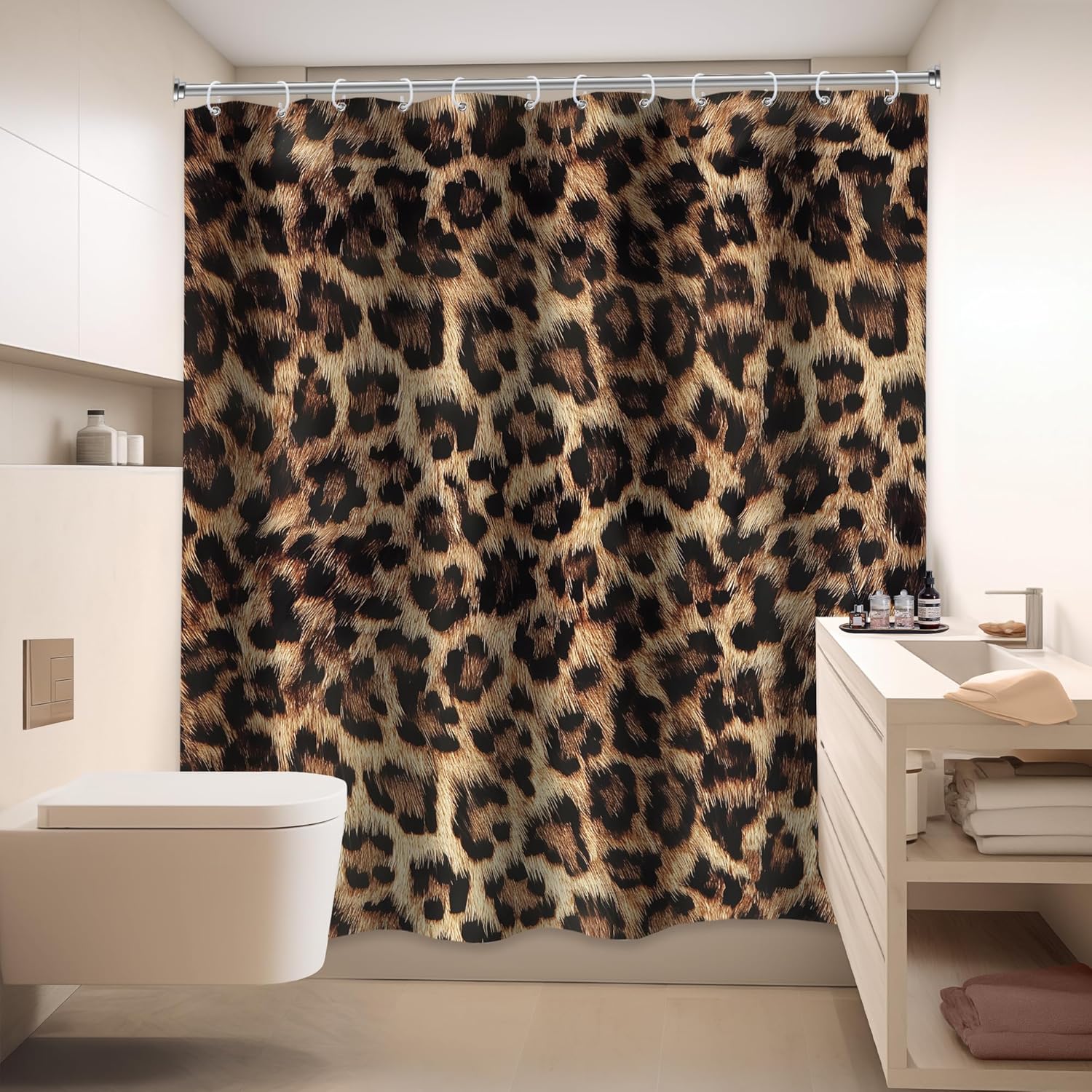 LIGHTINHOME Leopard Print Shower Curtain with 12 Hooks