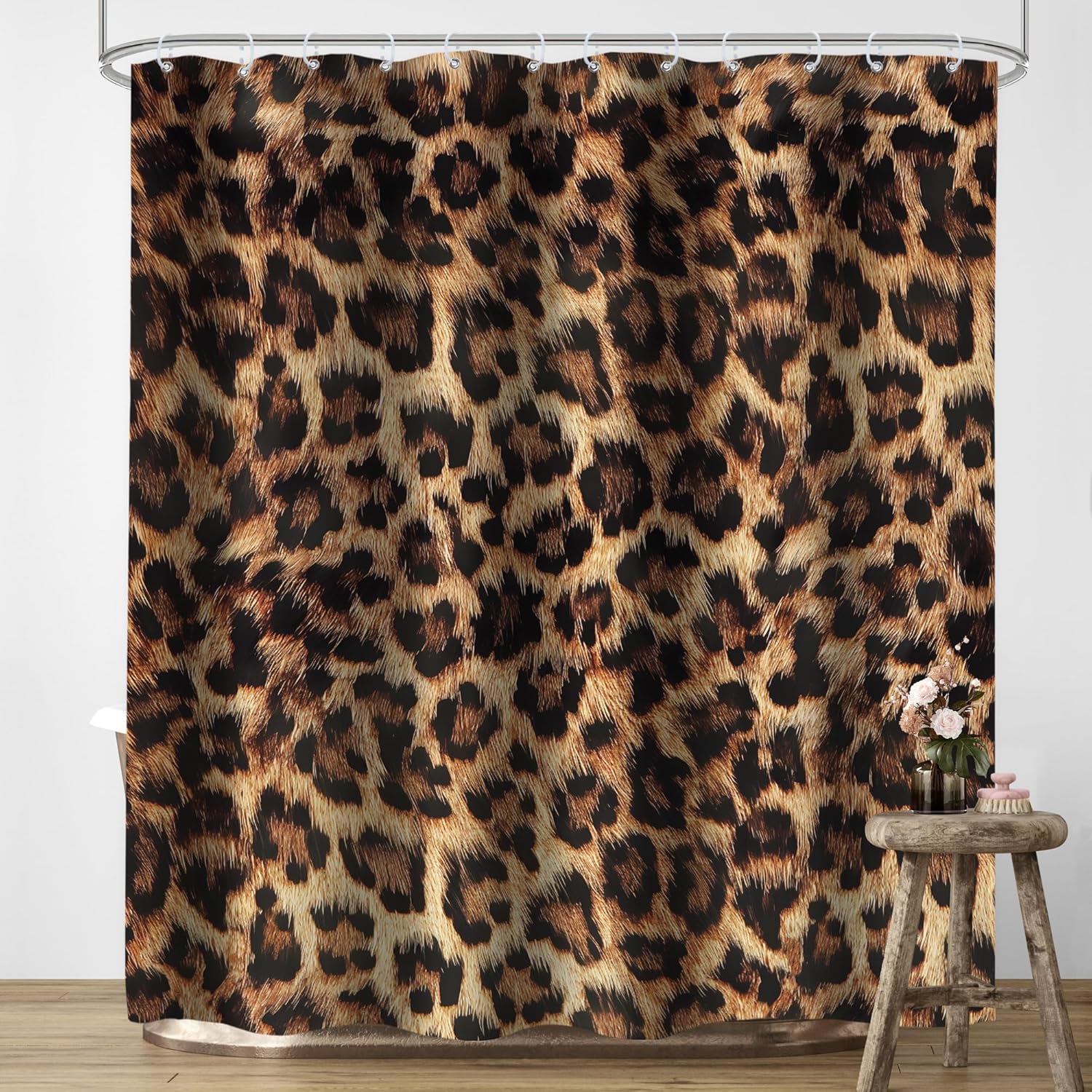 LIGHTINHOME Leopard Print Shower Curtain with 12 Hooks