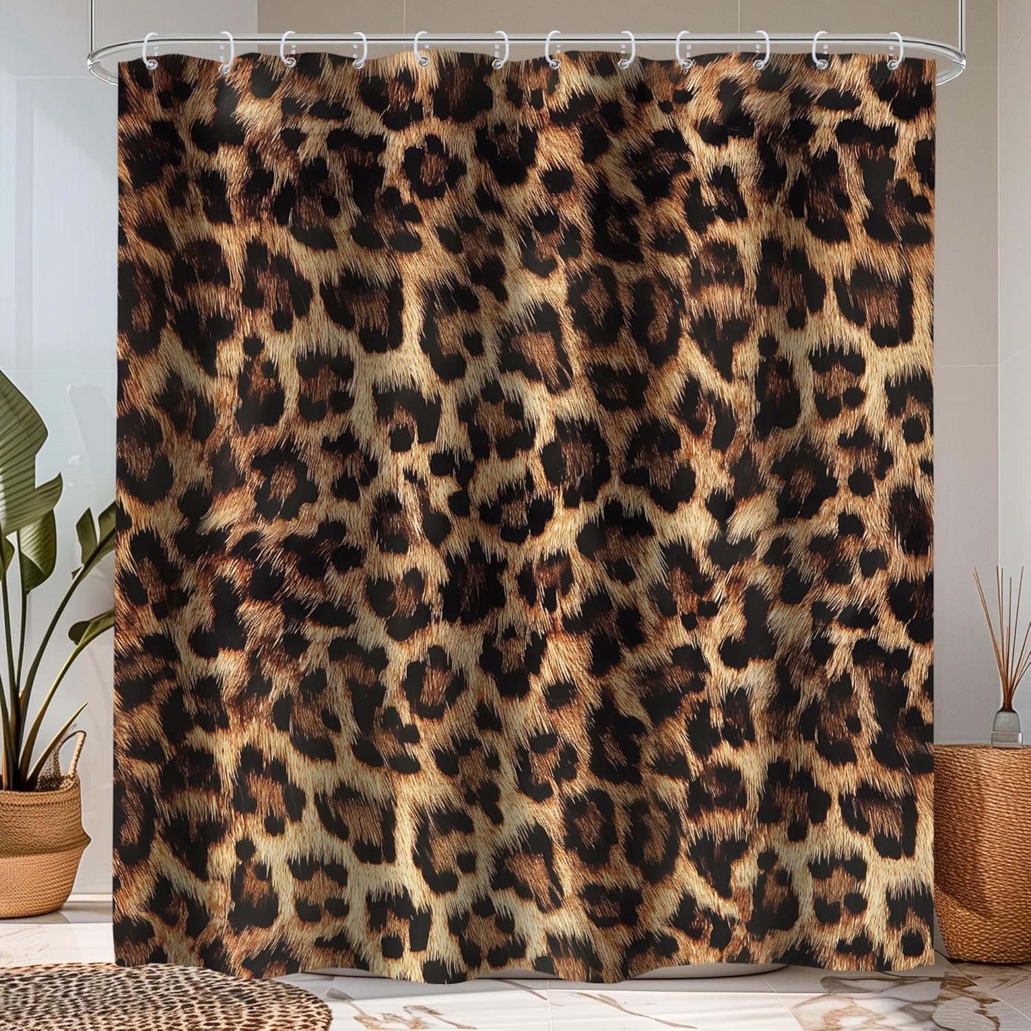 LIGHTINHOME Leopard Print Shower Curtain with 12 Hooks